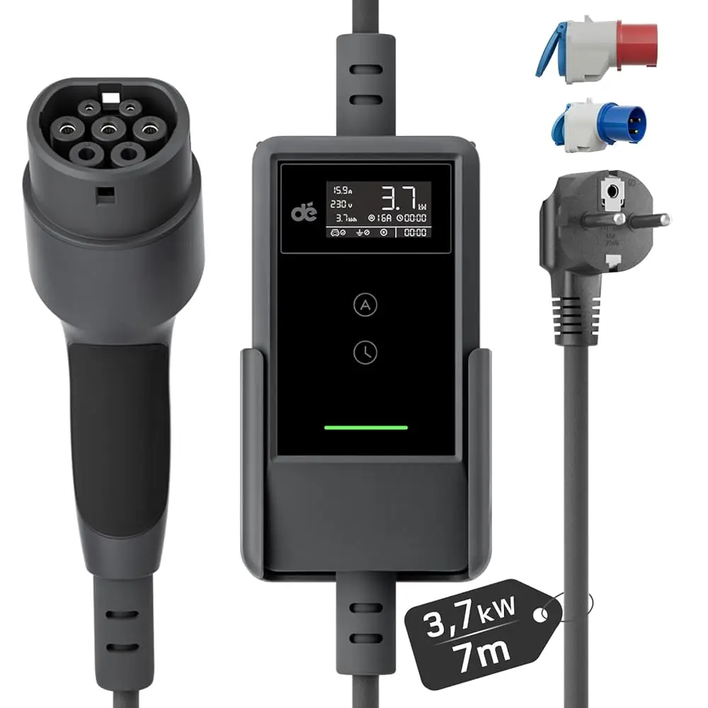 dé 3.7kW Type 2 Elektrische Voertuigoplader LED-scherm 16A IP66 Waterdicht 1.5X Snelle Draagbare EV-oplader 7m 10m 15m 20m 25m kabel