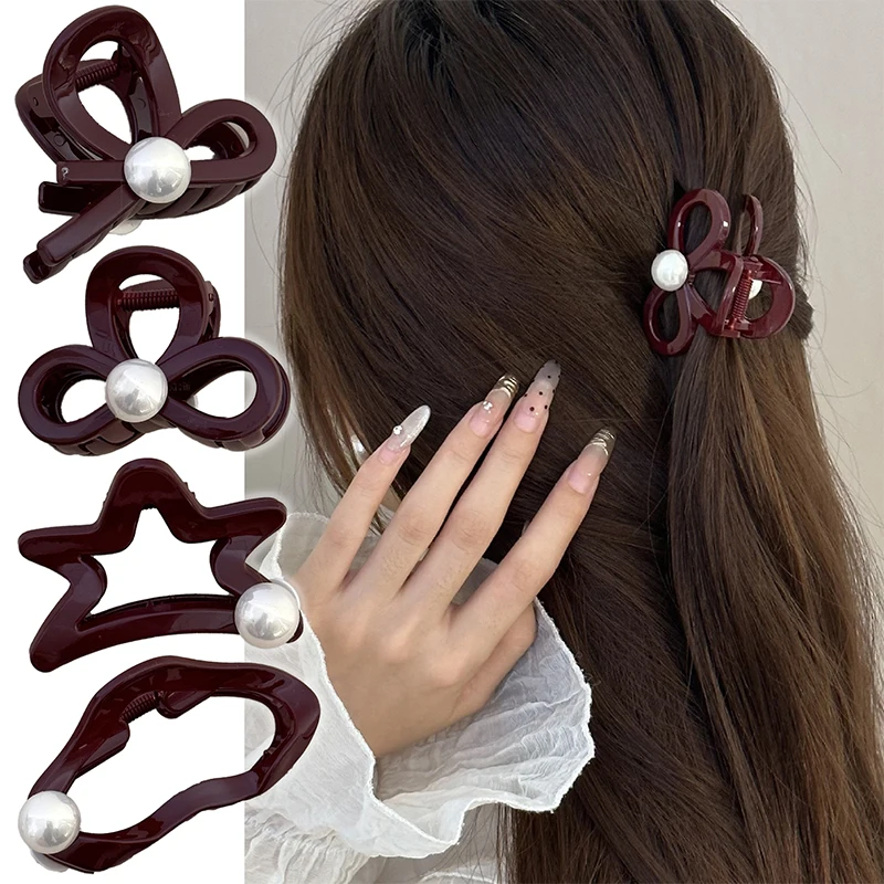 

French Vintage Wine Red Hair Claw For Women 2024 Trendy Small Bow Sweet Ponytail Clip Ladies Home Casual Hair Tying Accessories