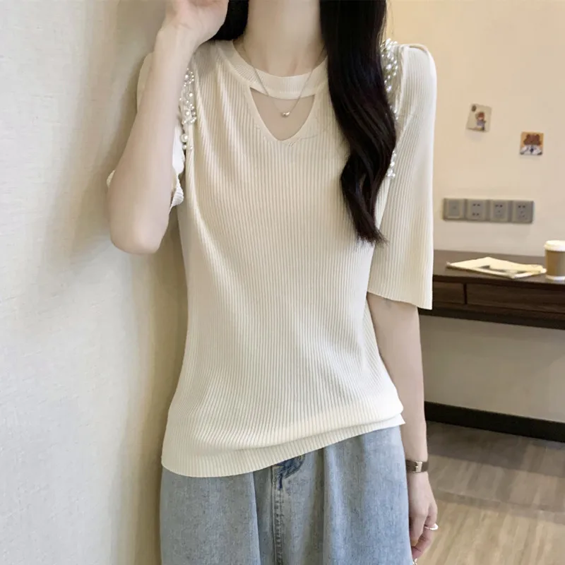 2024 New Summer Diamonds Beaded Ice Silk Knitted T-Shirt Women\'s Fashion O-Neck Short Sleeve Sweater Pullover Knitwear Tops Tees