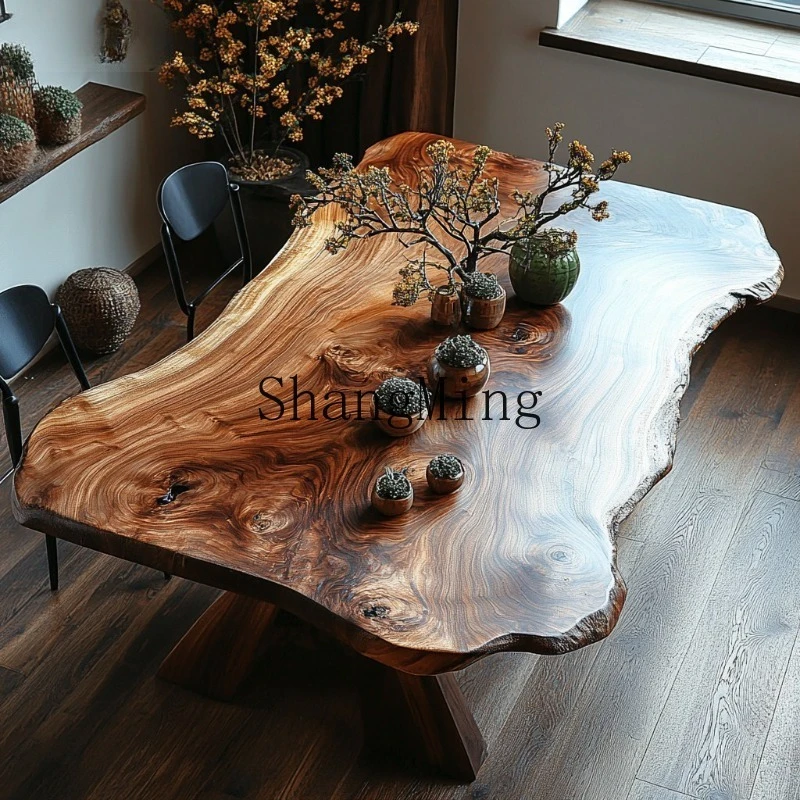 

ZHB wabi-sabi wind old elm dining table log six people all solid wood furniture multi-functional rectangular tea table G