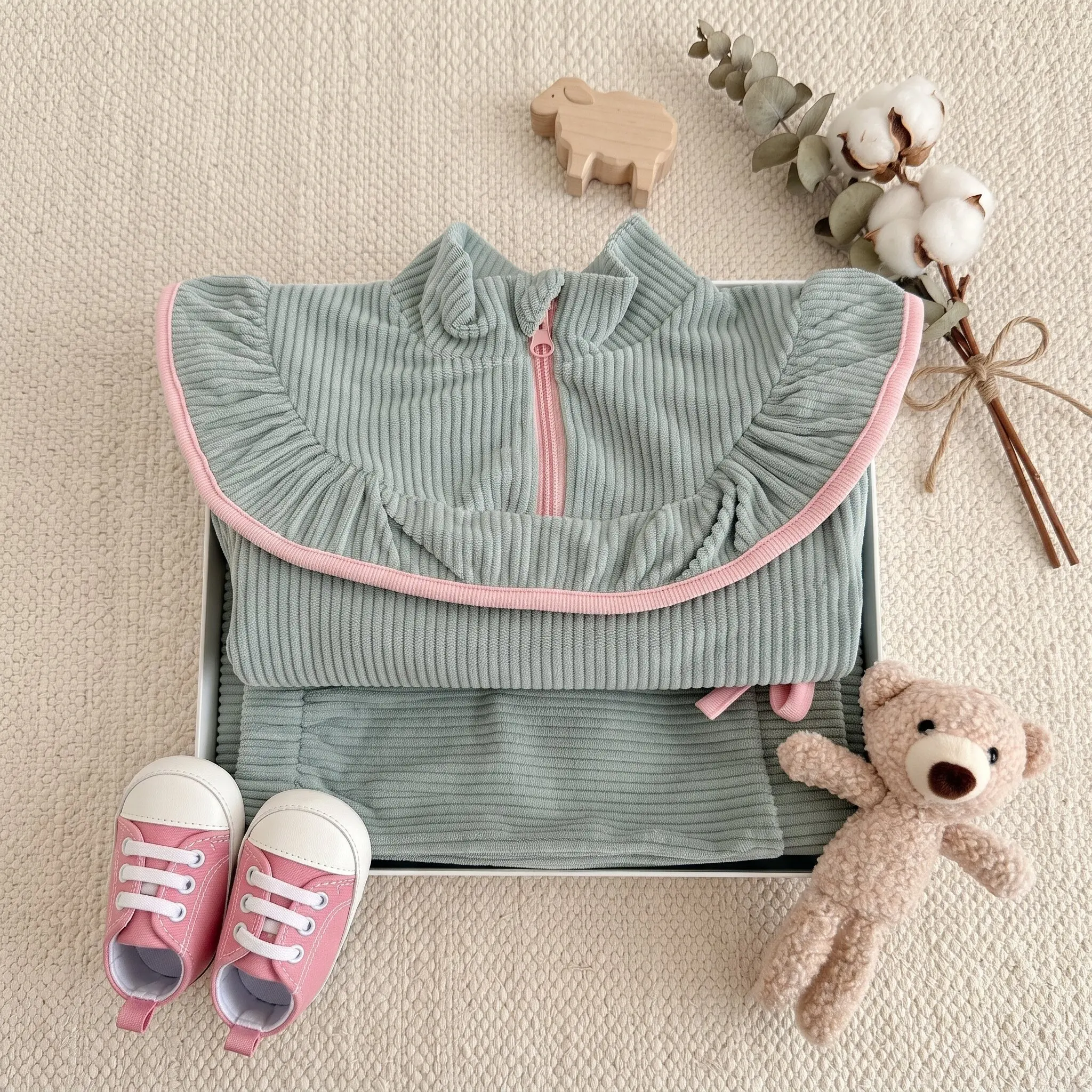 Baby-Mädchen-Set mit geripptem Oberteil mit Reißverschluss und Rüschenkragen, 2-teilig, hellgrün, Oberteil mit Rüschen und Schleife, ausgestellte Hose, Frühlingsoutfit für Kleinkinder. – Detail 6