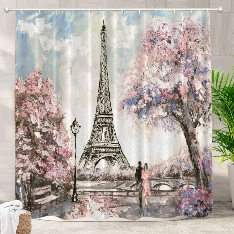 Red Modern Castle Decorative Shower Curtain Eiffel Tower Romantic Cherry Blossom Neuschwanstein Bathroom Decor Polyester Fabrics