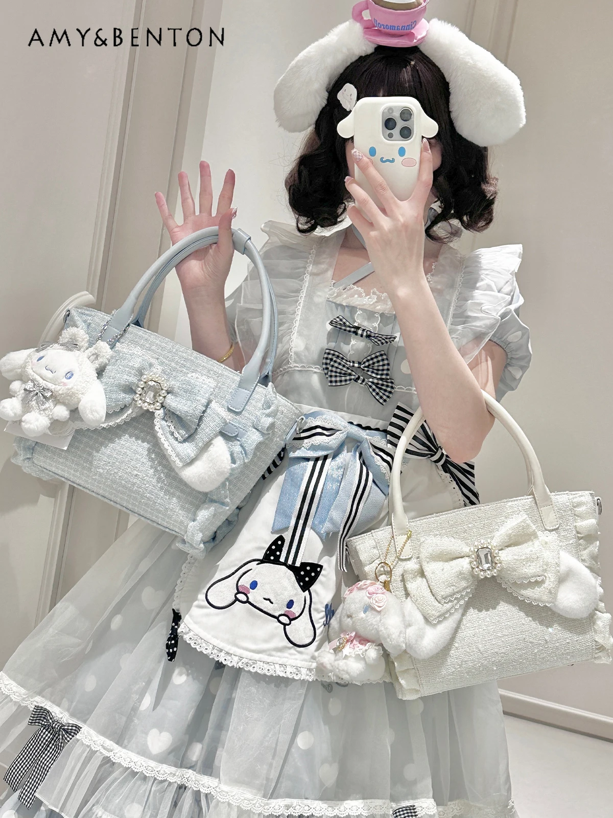 Sweet Cute Handbag Original Mine Series Mass-Produced Japanese Bow Beaded Plush Handbag Versatile Kawaii Woolen Crossbody Bag