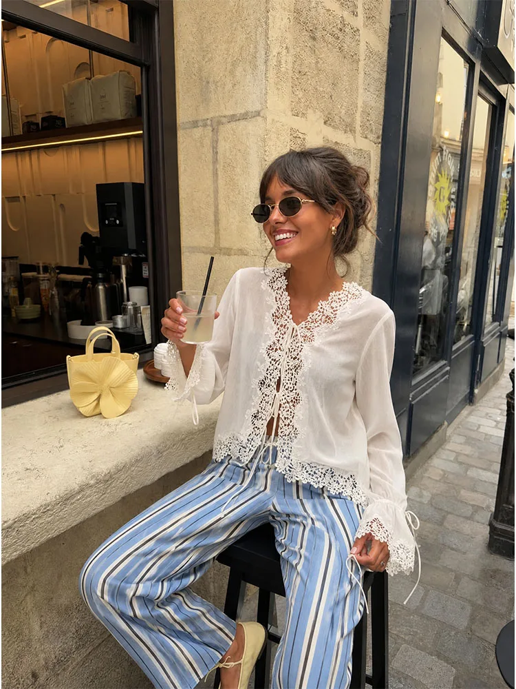 HH Women Summer Spring Old Money Delicate Off White Lace Trim Tie Front V Neck Flared Cuff Ruffled Hem Sheer Long Sleeve Top