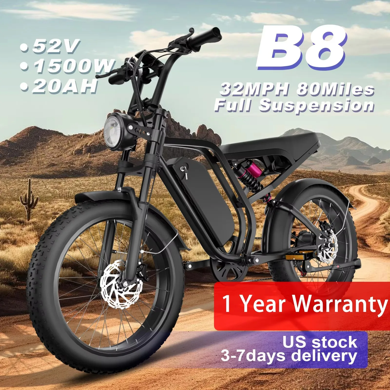 

Электровелосипед B8 для мопеда — Powerhouse 52 В, 1500 Вт, скорость 32 миль в час и дальность действия 80 мили | Готовый к приключенке