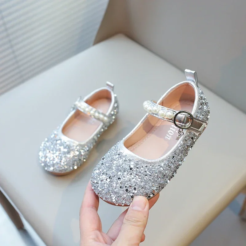 Girls Glitter Shoes for Wedding Party Fashion Princess Sequins Rhinestone Bling Flats Kids Mary Janes Sweet Soft Crystal Shoes