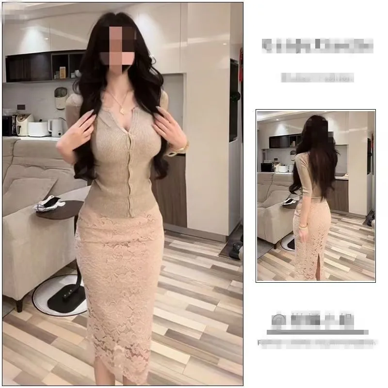 Spring New plus Size Women's Knitted Lace Bodysuit Set Slim Fit mid Sleeve Open Cardigan Sexy Lace High Waist Skirt Suit