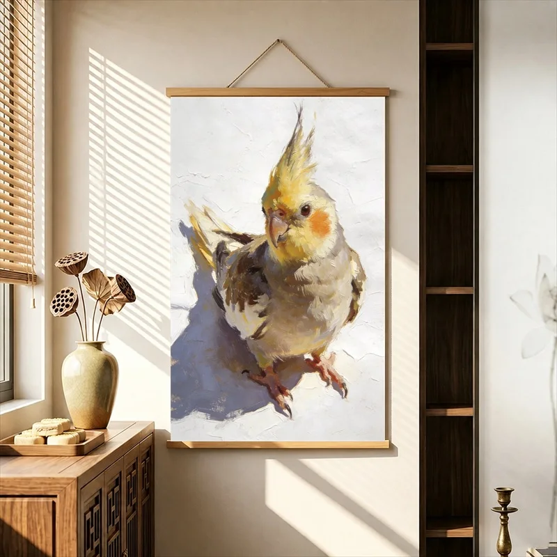 Kawaii Pearlescent Canvas Wall Decor Hanging Scroll Cute Yellow Birds with Curious Expressions for Children's Bedroom Room Decor