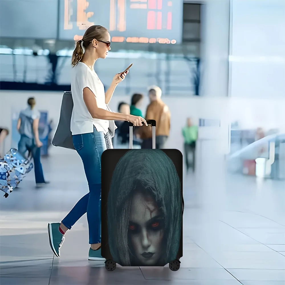 1pc Spooky Girl with Hood Luggage Cover. Fits 18–32-inch suitcases; perfect for Halloween-themed luggage.