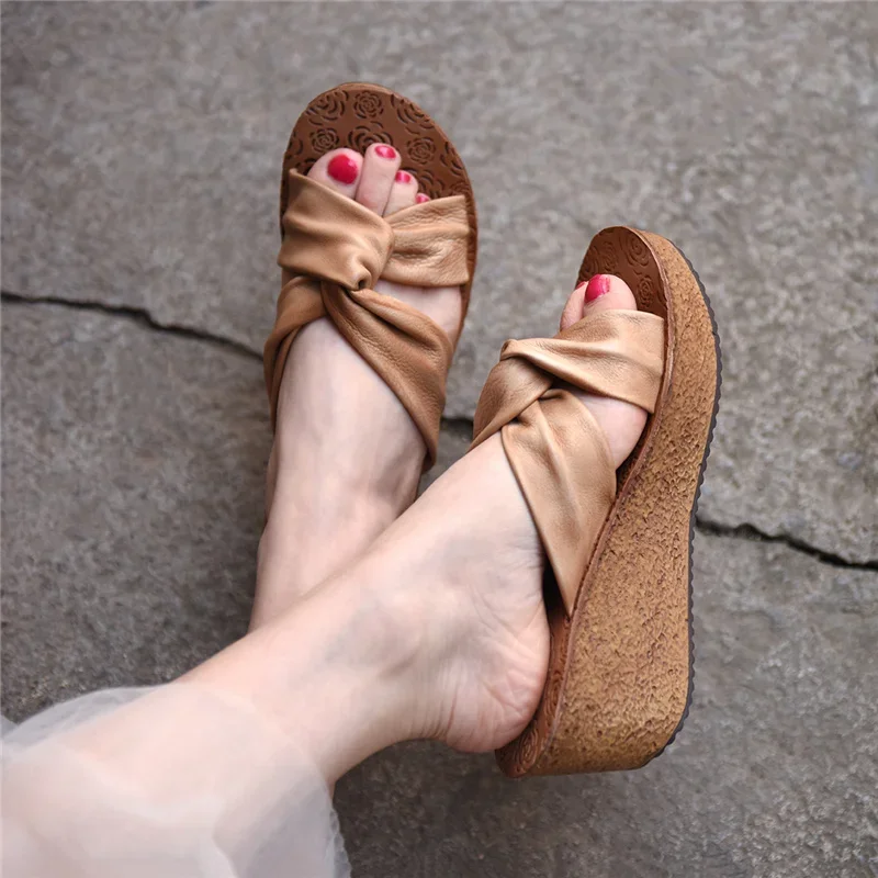 

Artmu Thick Heel Slippers Retro 7cm Wedges Slides Genuine Leather 2024 Summer Soft Outdoor Slippers Ladies Cross Belt Sandals