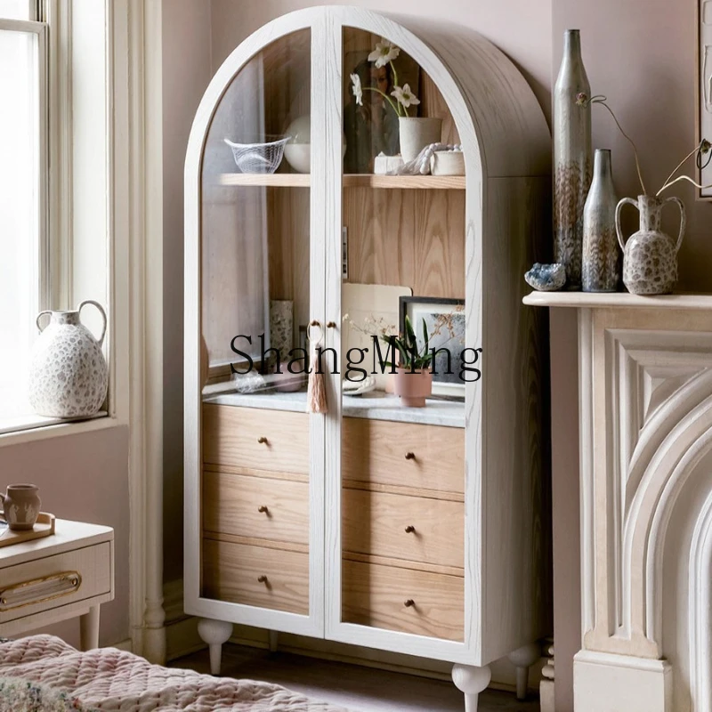 

SM home country arched wine cabinet retro solid wood bookcase glass door double door storage