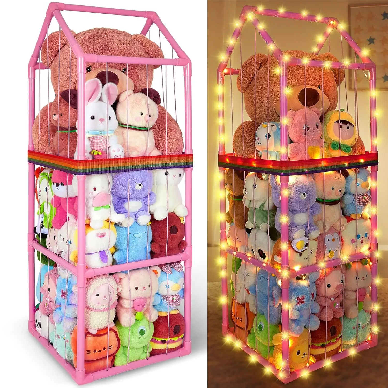 

Plush Toy Storage Organizer with LED Lights and Stickers, House-Shaped Design for Kids' Room Organization