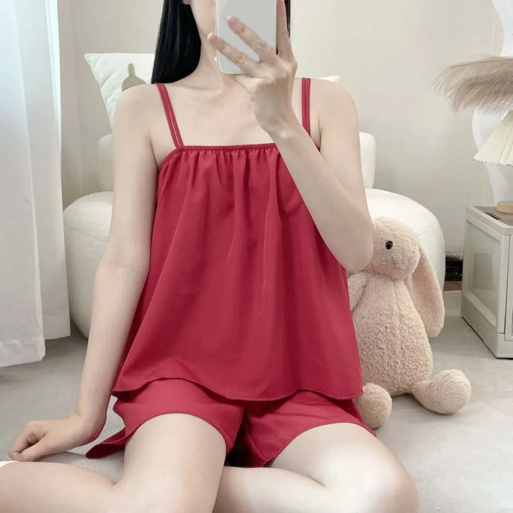 

Cute Solid Color Sleeveless Pajamas Women Casual Thin Camisole Shorts Nightwear Loose Homewear Sleepwear Set Girl