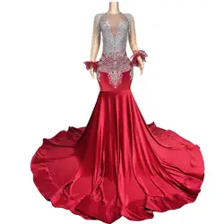New Sparkly Red Sequin Mermaid Prom Dresses Luxury Silver Crystal Beaded Sheer Neck Long Prom Gowns for Black Girls Defu