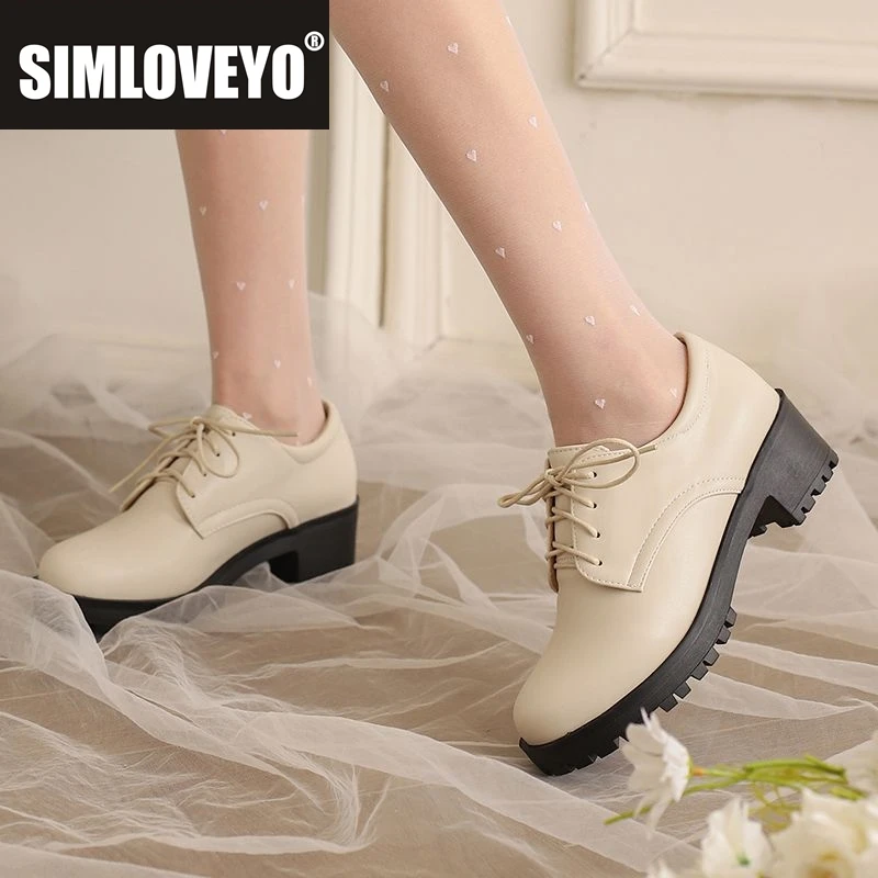 

SIMLOVEYO Бренд 2025 Женские туфли-лодочки для отдыха с круглым носком и блочным каблуком 5 см на шнуровке Большой размер 43 44 45 Мягкая повседневная обувь для девочек в консервативном стиле