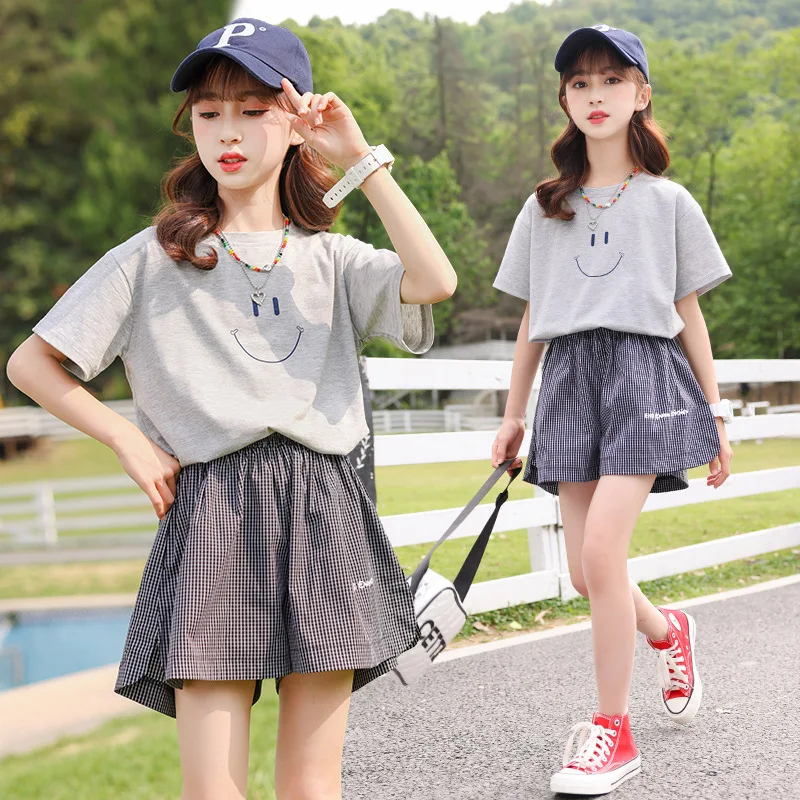 

Summer Clothes Set For Girls Smile Shirt+Wide Shorts 2PCS Sets Korean Style Teens Girls Clothing Outfits 6 8 10 12 14