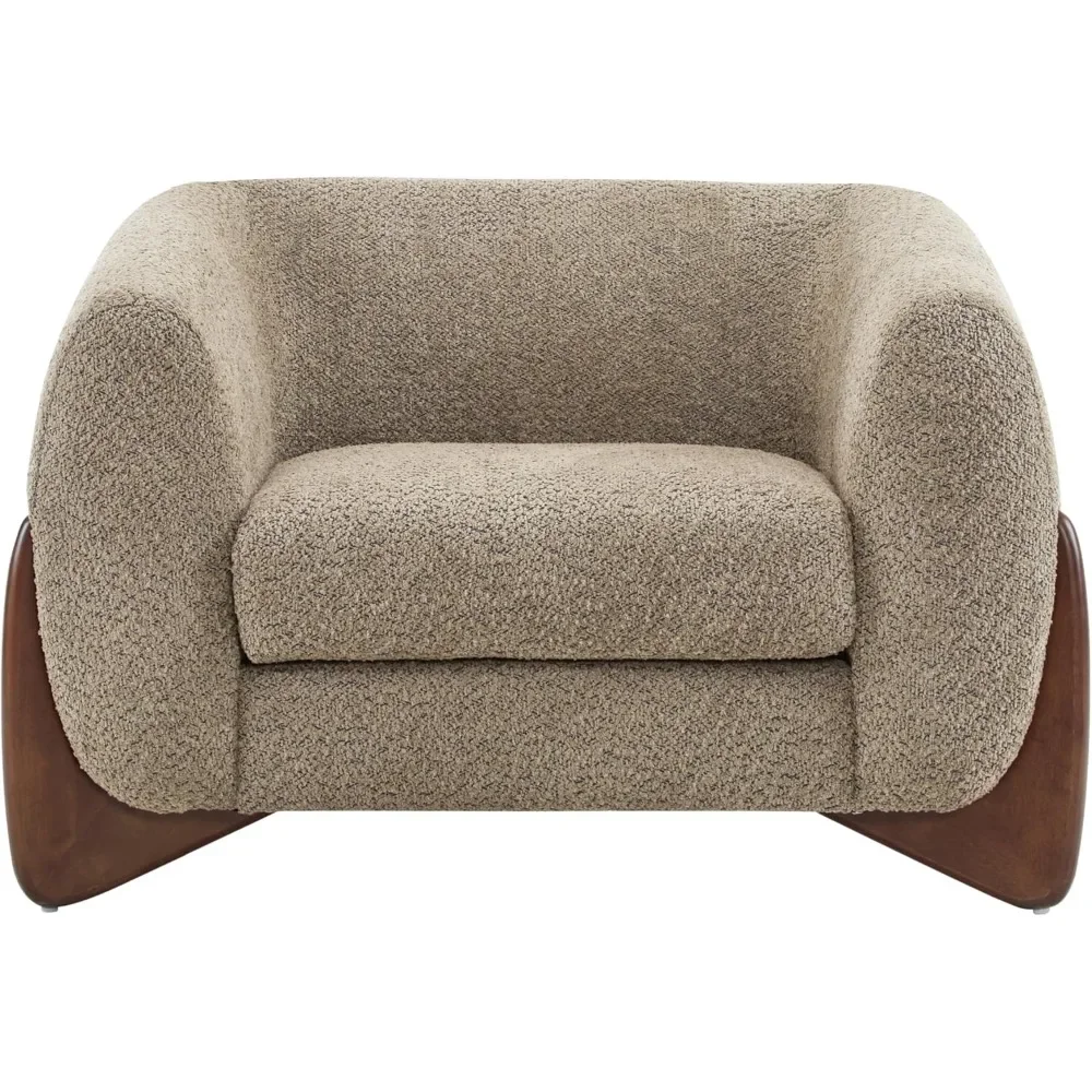 Sillón club moderno de tela Boucle, sillón tapizado marrón claro con cojín extraíble y patas de madera