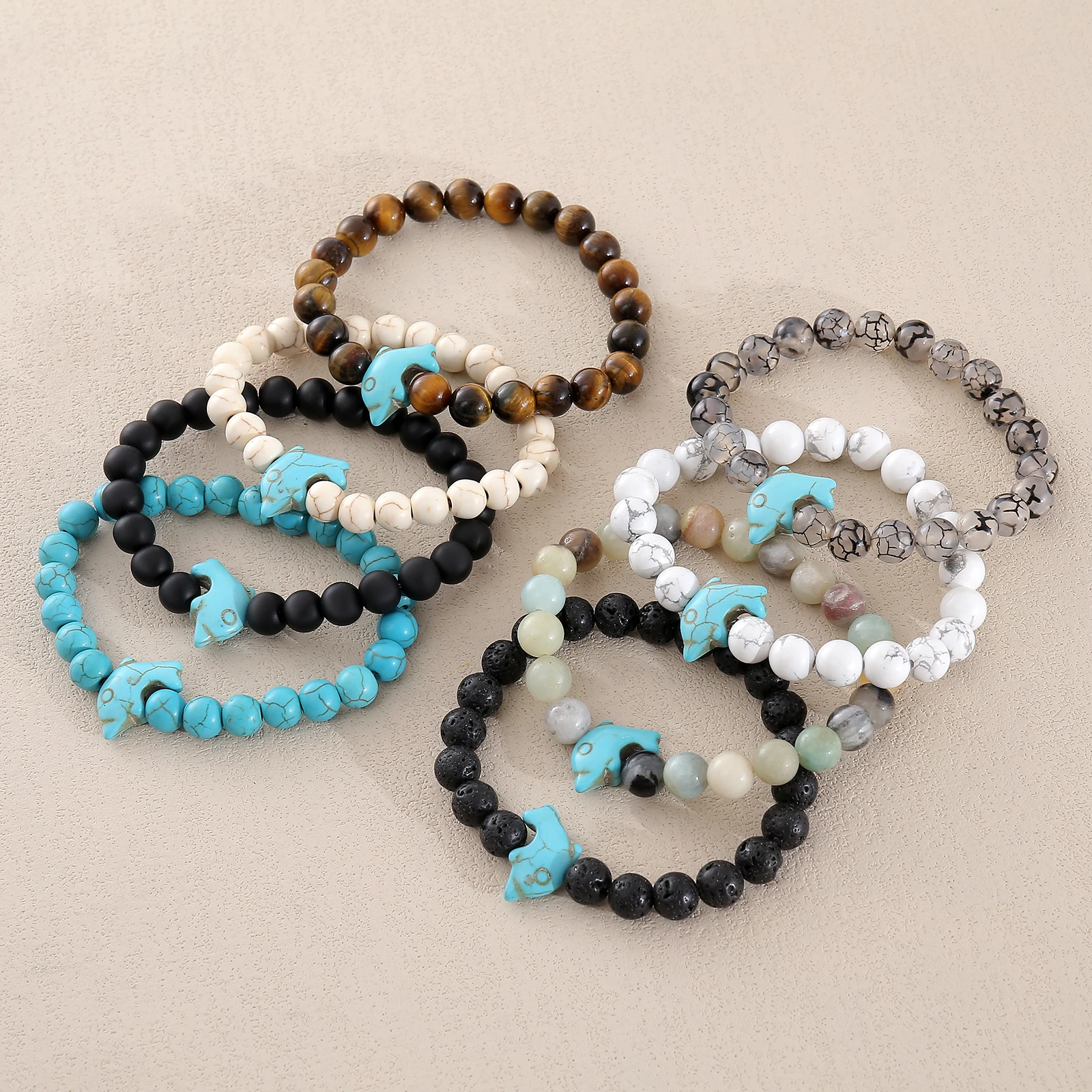 Vintage Turquoise Dolphin Beaded Bracelet for Women Men Tiger Eye Lava Amazonite Natural Stone Handmade Beads Bracelets Jewelry