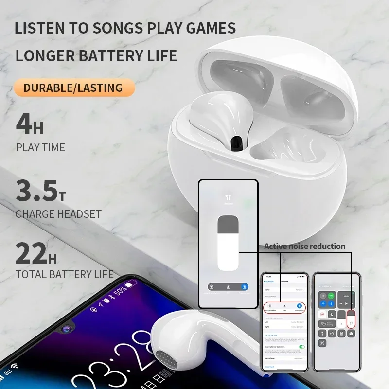 Auricolari Bluetooth TWS wireless Pro 6 con microfono Cuffie sportive compatibili con iPhone Xiaomi Super comode da indossare