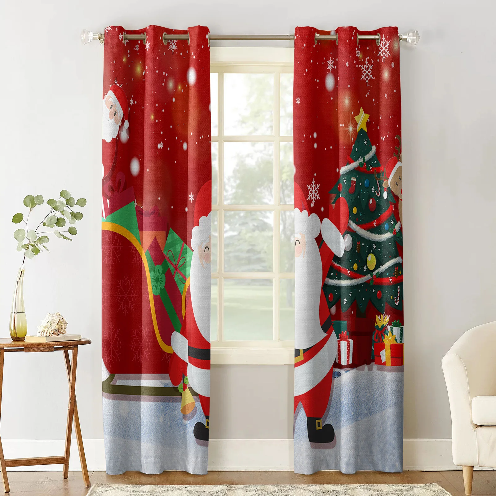 Christmas Red Santa Claus Gift Tree Window Curtain Made Finished Drapes Home Decor Kids Room Window Treatments Curtains