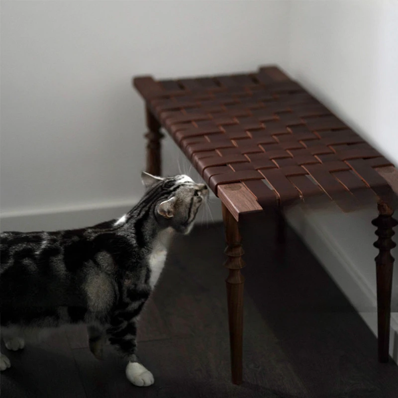 Solid wood saddle leather woven stool, retro home bench, bedside lamp, bench, doorstep, shoe changing bench