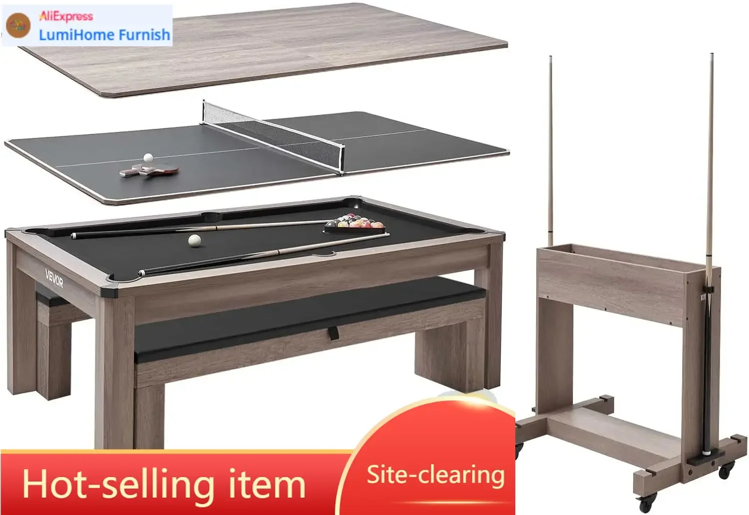 7ft 3-in-1 Multi Game Table with Dining, Pool, and Tennis Table, for Family Game Room Adults, Includes Full Set of Accessories