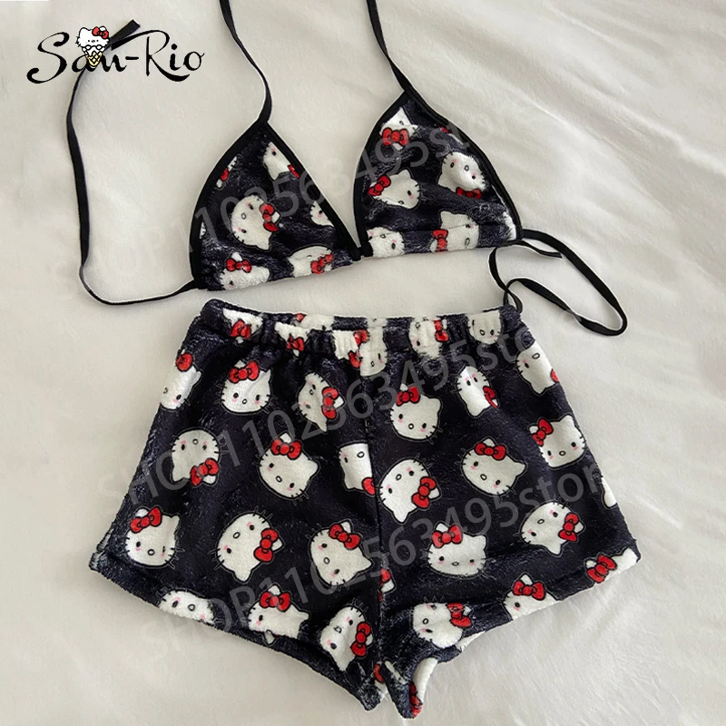 

Hello Kitty Sleepwear Shorts Pajamas Women's Plush Homewear 2Pcs Short Tank Tops and Shorts Pajamas Set Black Plush Underwear