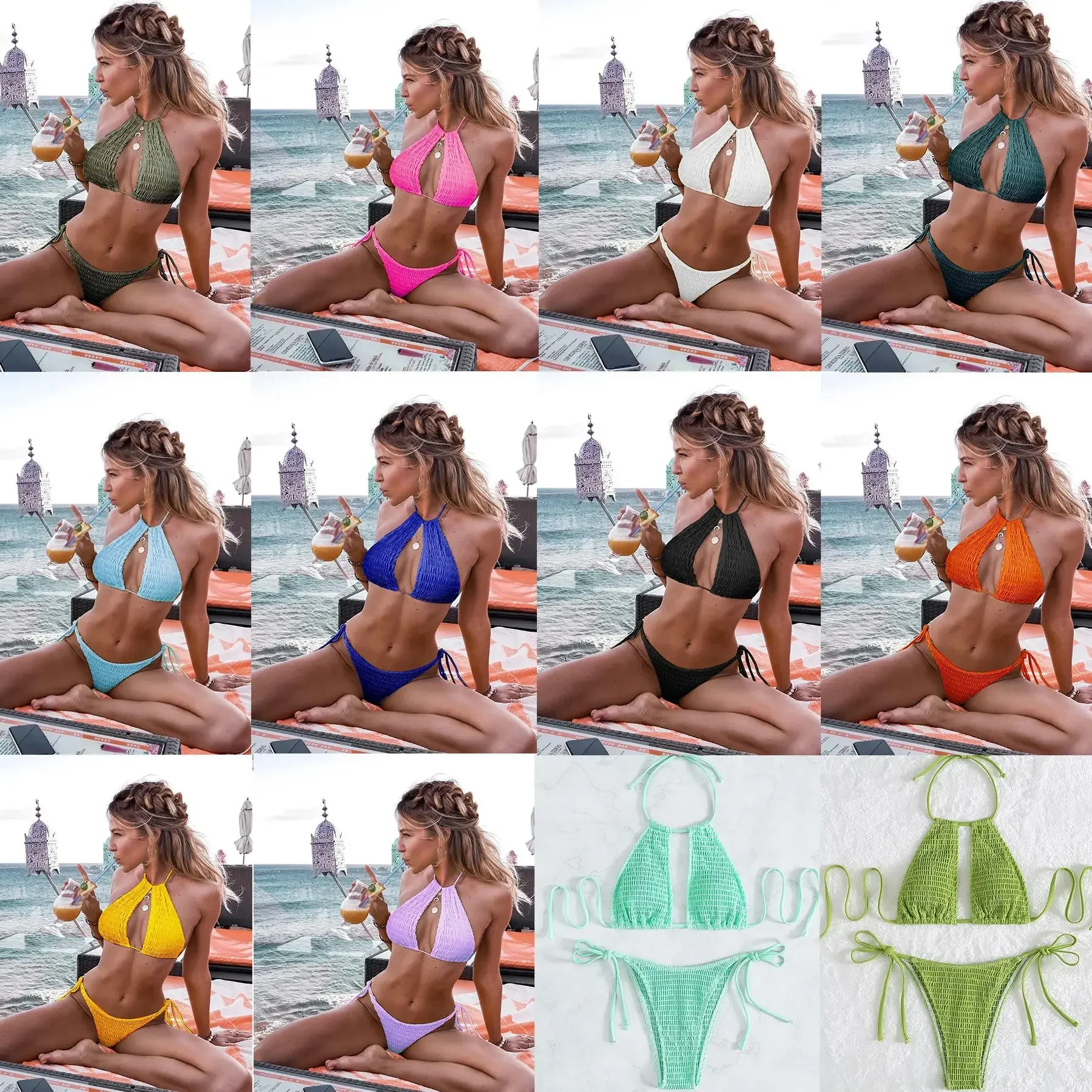 

Caofeimao Smocked Halter Tie Side Bikini Swimsuit Women Two Piece Swimwear 2025 Bikini Set Summer Beach Bathing Suit Biquini