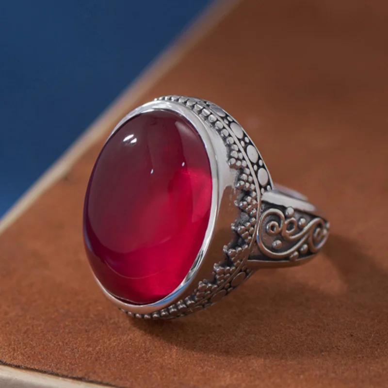 S925 Sterling Silver Rings for Women Men New Fashion Ethnic Style Ancient Totem Inlaid Oval Red Corundum Punk Jewelry