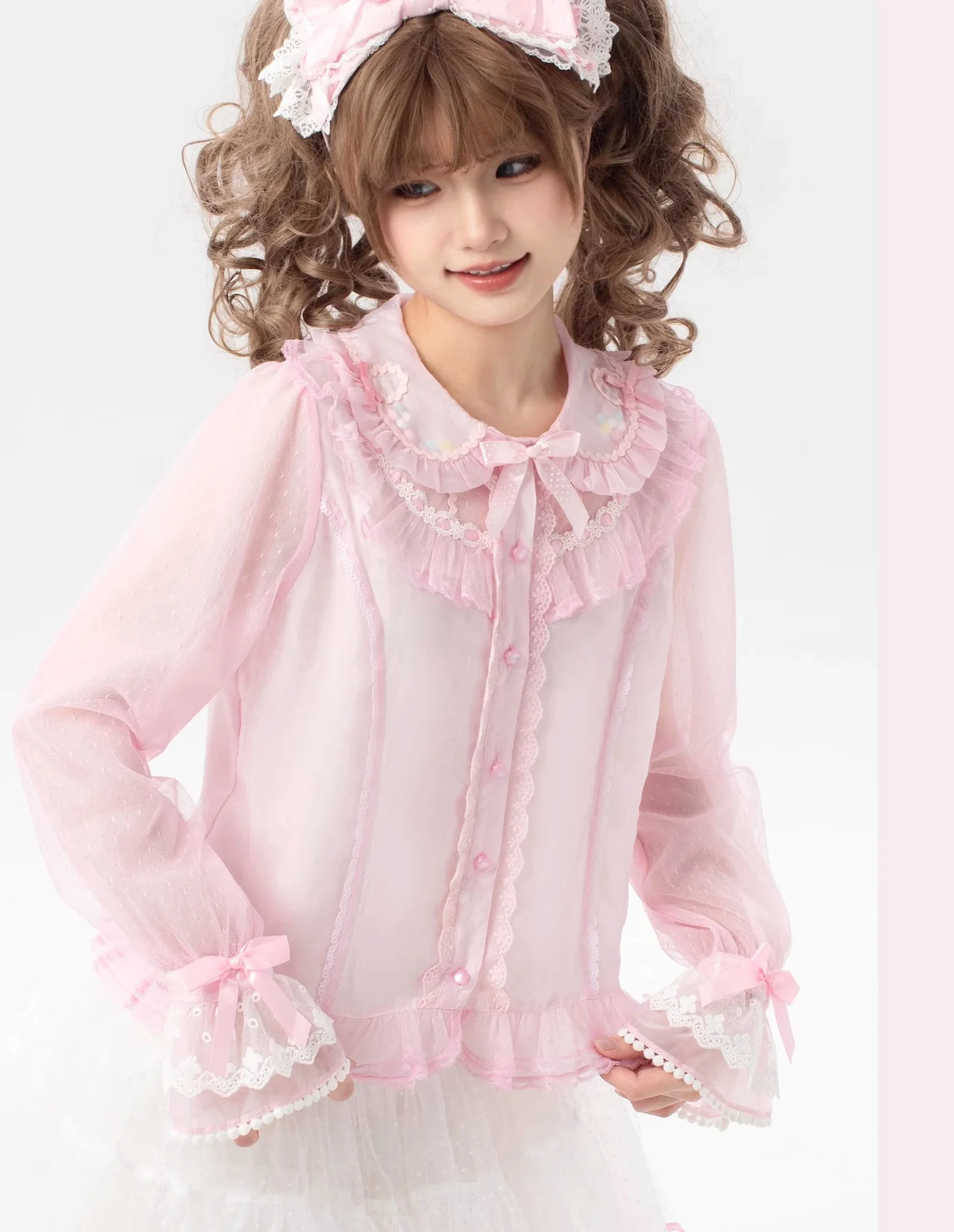 Jelly Shirt New 2024 Spring and Summer Women\'s Long Sleeves Inner Wear Cute Sweet Lolita Doll Neck Polka Dot Mesh Blouse Top