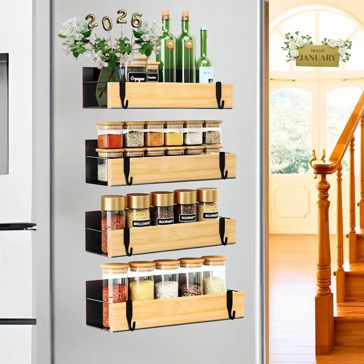 

(4 Pack) Magnetic Spice Storage Rack Organizer for Refrigerator and Oven, 4 Strong Magnetic Shelf, Black Fridge Storage