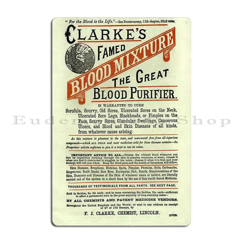 Vintage Quack Medicine Advertisement Poster Clark S Blood Purifier Metal Signs Garage Wall Printing Wall Mural Tin Sign Poster