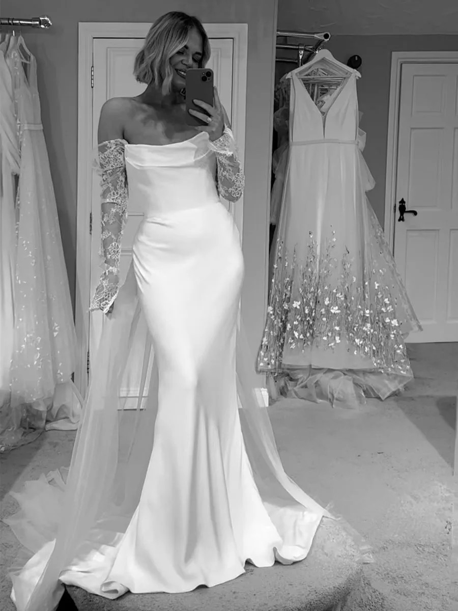 Exquisite Strapless Wedding Dresses for Mariages Lantern Sleeves Appliques Strapless Trumpet Lace Up Chapel Train