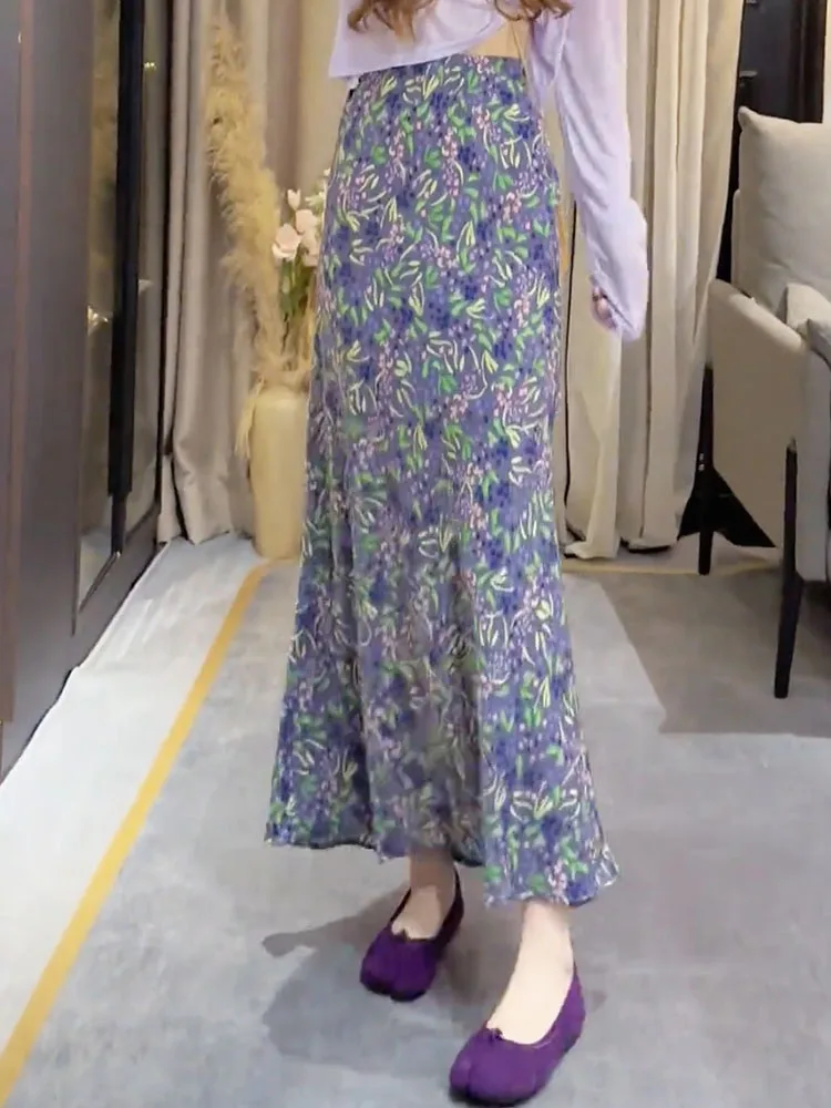 

Новая женская модная юбка миди с цветочным принтом, повседневная, с завышенной талией, драпированная, с запахом, облегающая, длинная, весна-лето