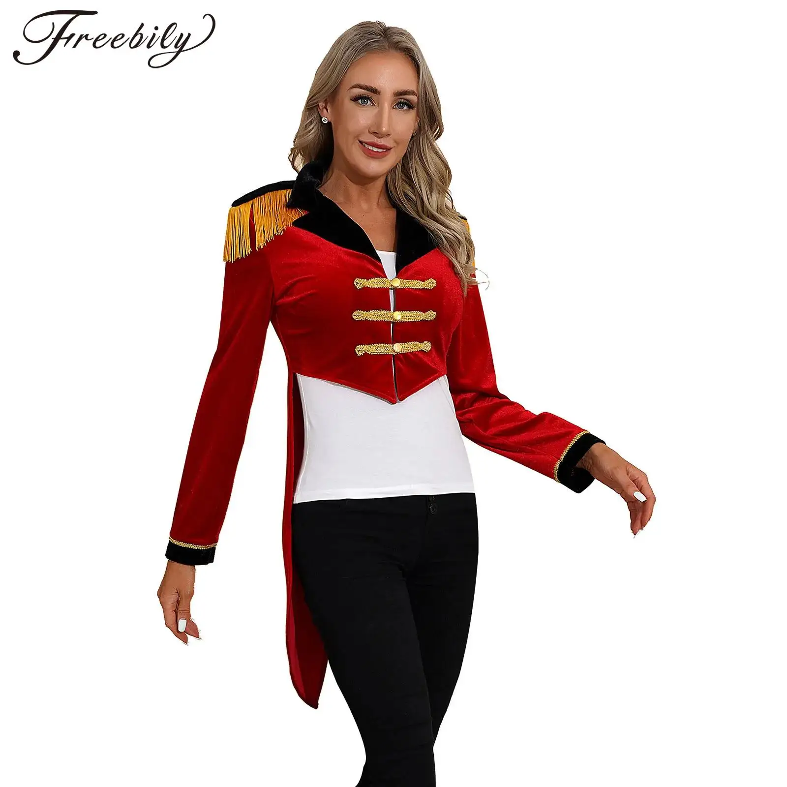 

Womens Circus Ringmaster Jacket Long Sleeve Velvet Tailcoat Halloween Carnival Cosplay Costume Stage Performance Fancy Dress Up