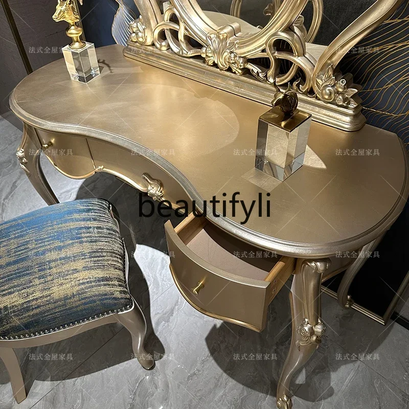 

05 French gold leaf dressing table, master bedroom dressing table European court wood carving flower dressing table6220