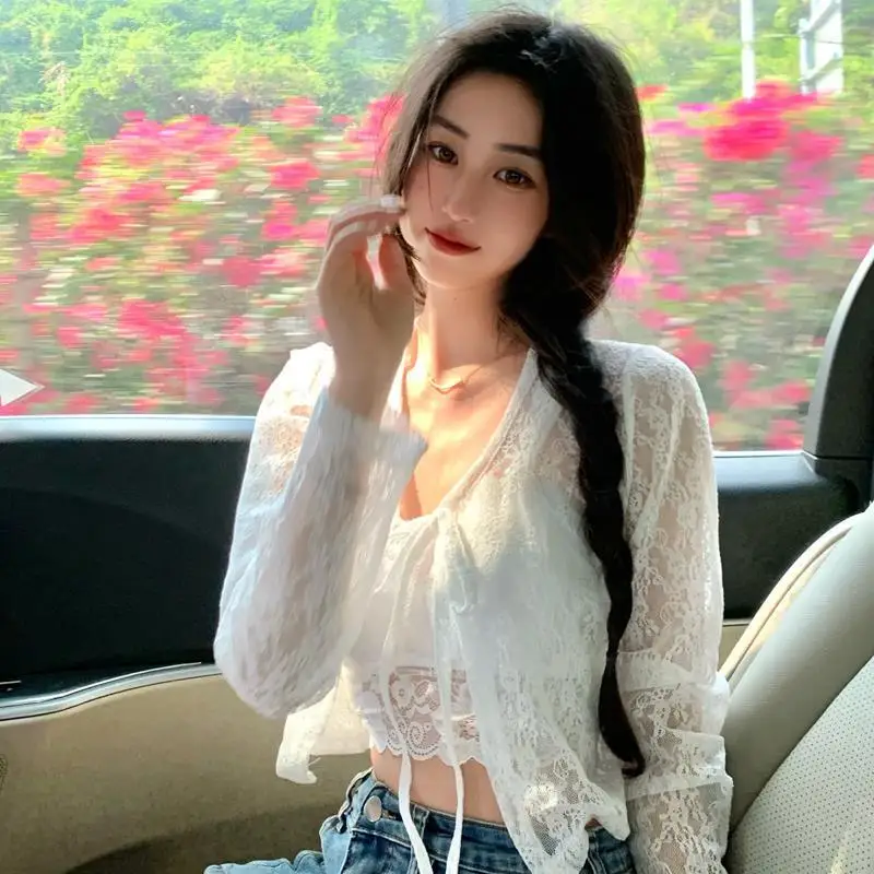 

Gothiscyn Transparent Lace Shirt Women's Summer V-neck Thin Long-sleeved Lace-up Shirt Top Fashion Female Clothes