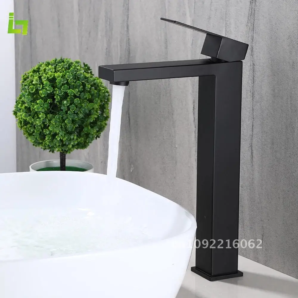 

Matte Black Bathroom Faucet Deck Mount 304 Stainless Steel Hot Tall and and Short Cold Sink Square Black Tap