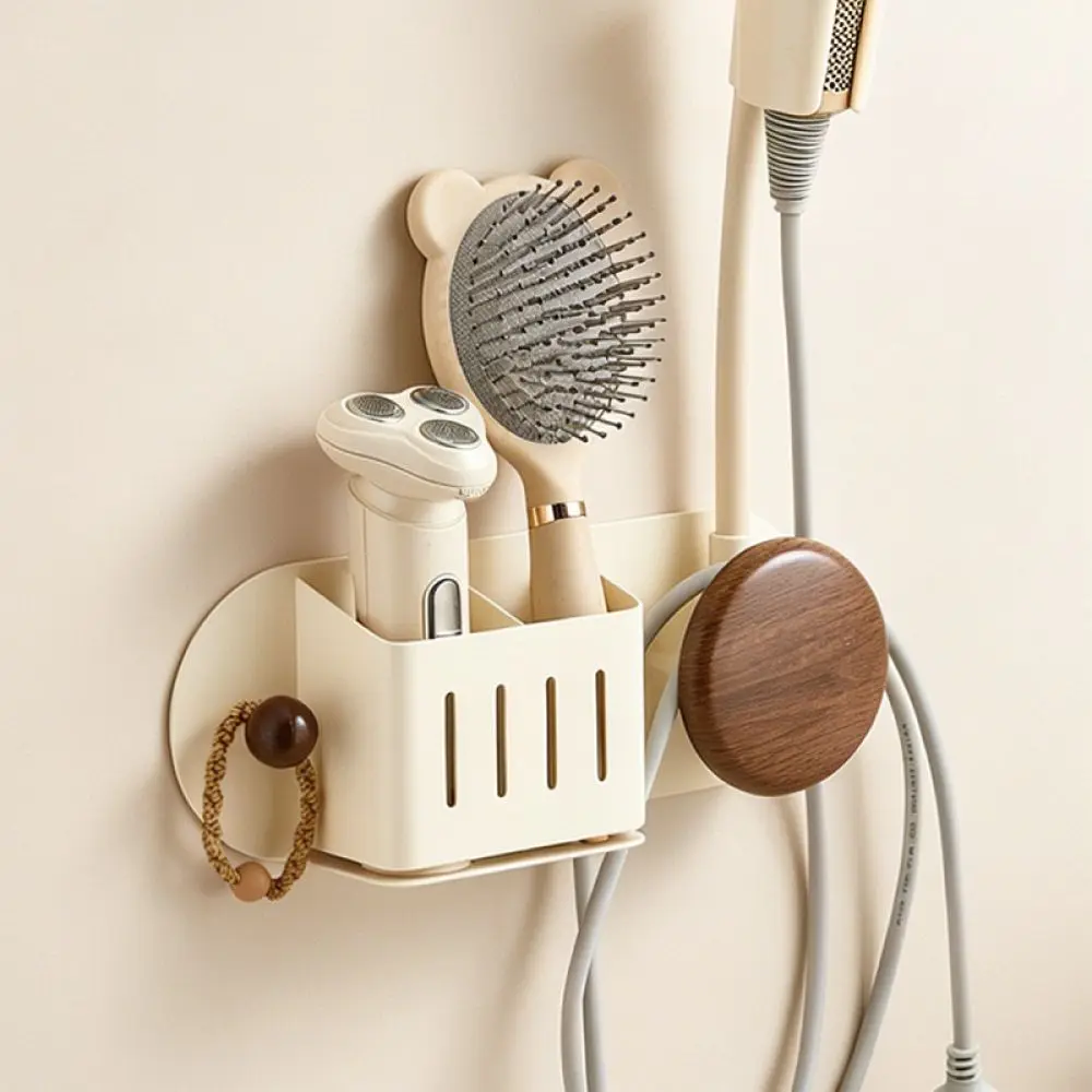 Hair Dryer Storage Rack Walnut Finish Wall Mount Organizer Hands Free Bathroom Holder Stand For Styling Appliances