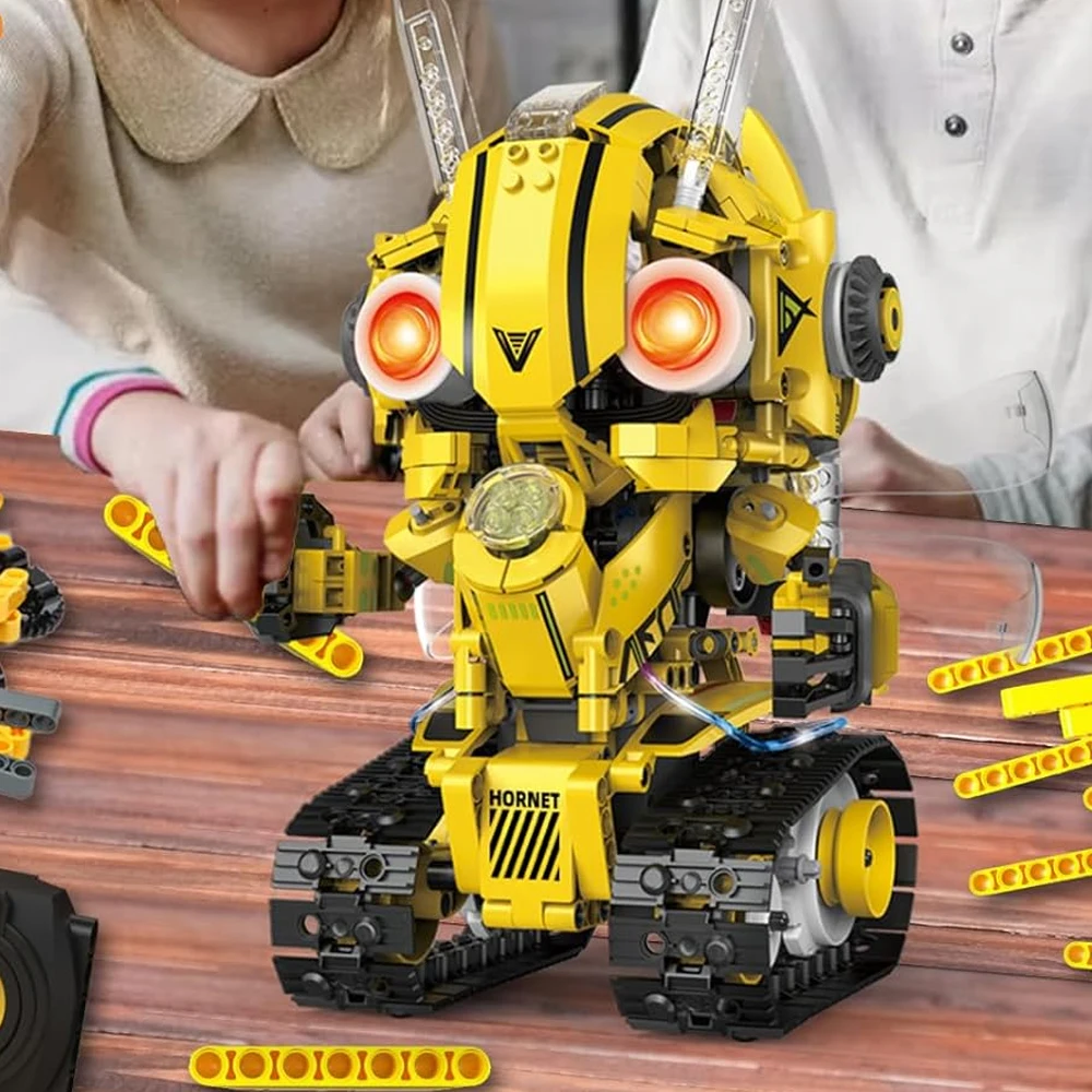 Kit de construction de robots STEM avec modèles 5-en-1 – Guerrier guêpe / Bulldozer / Véhicule à chenilles – Batterie rechargeable 300 mAh – Mode de programmation – Cadeau pour garçons et filles