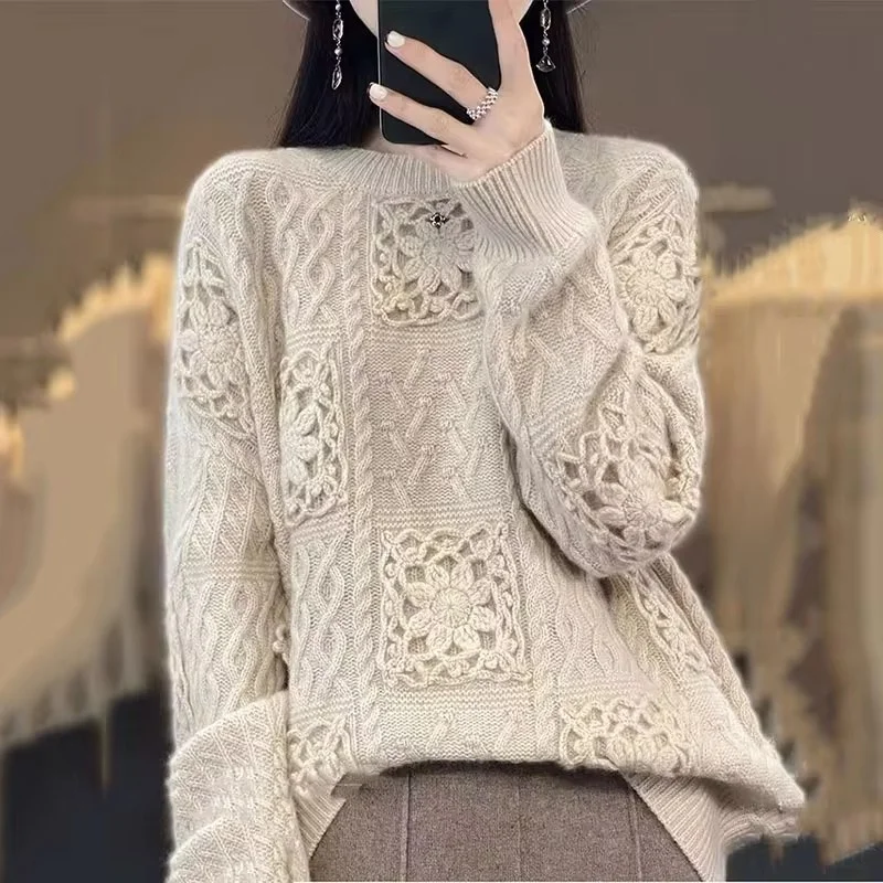 Autumn WinterNew Fashion knitted Pullover Sweater Women Loose Round Neck Hook Hollow Long-Sleeved Sweater Female Bottoming Shirt