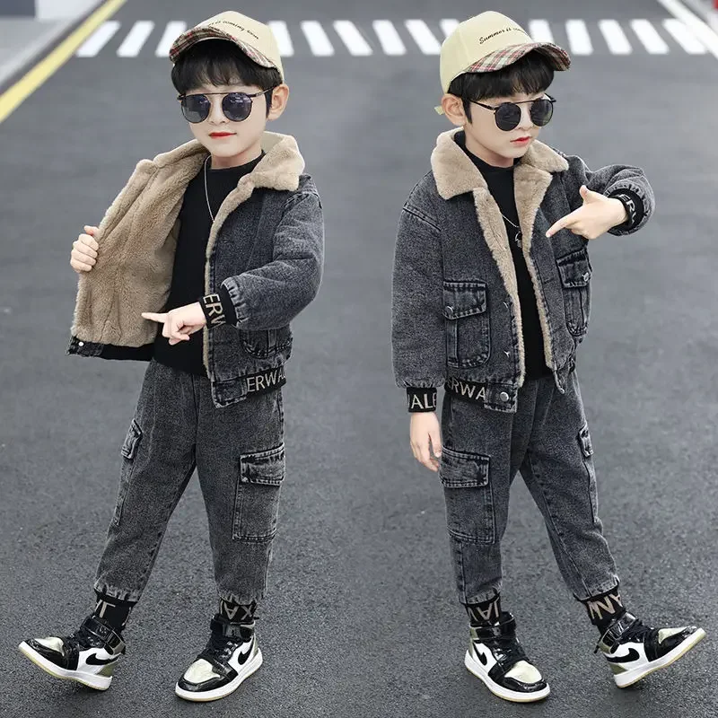 Teens New Autumn Winter Two Piece Sets Denim Jacket Pants Suit for Boys Kids Fashion Plus Velvet Warm Coat Jeans Clothes 4-12Y