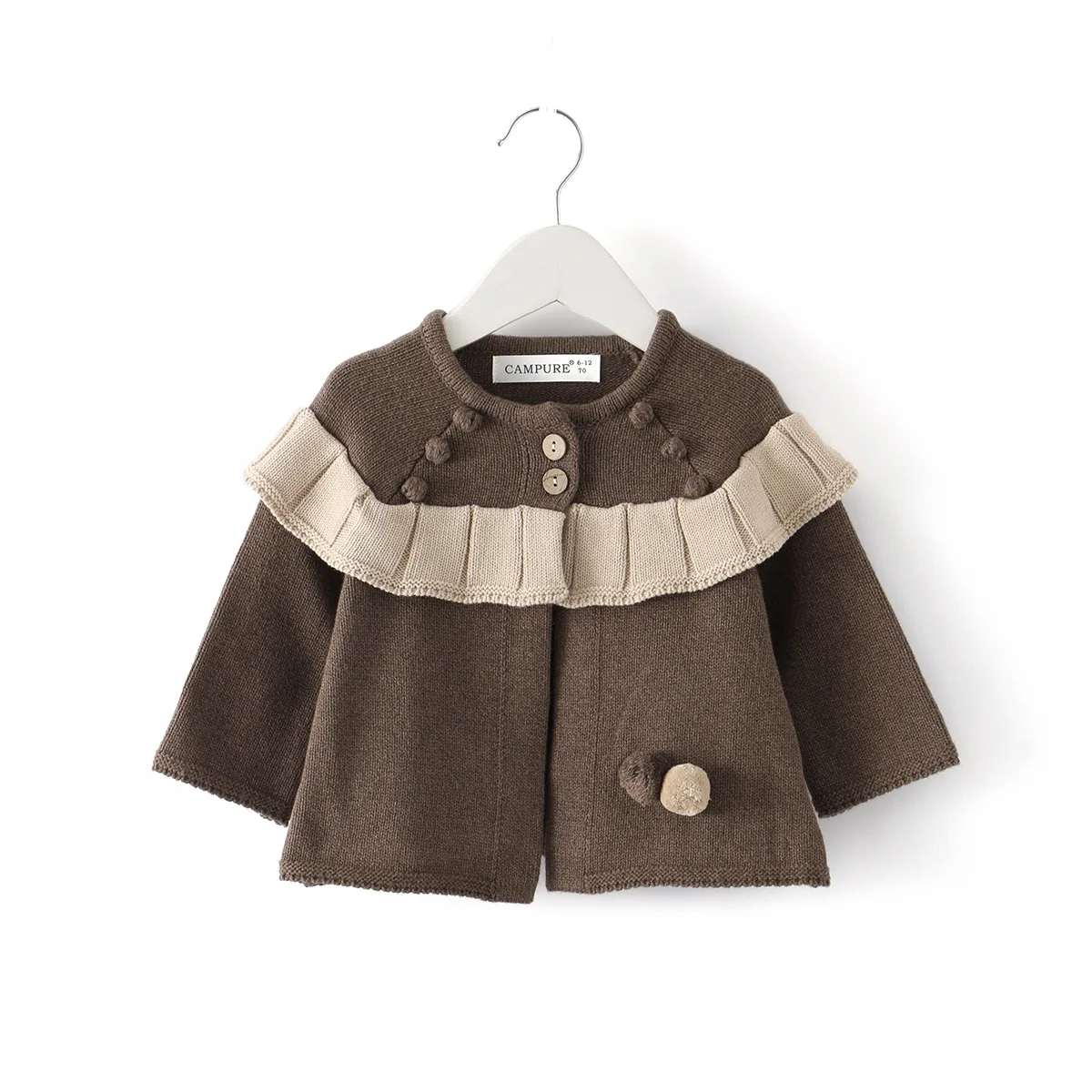 

Vintage Baby Girl Knit Cardigan Ruffle Pom-Pom Accent Earthy Brown Autumn Winter New Coat 0-4Y Girl Clothing