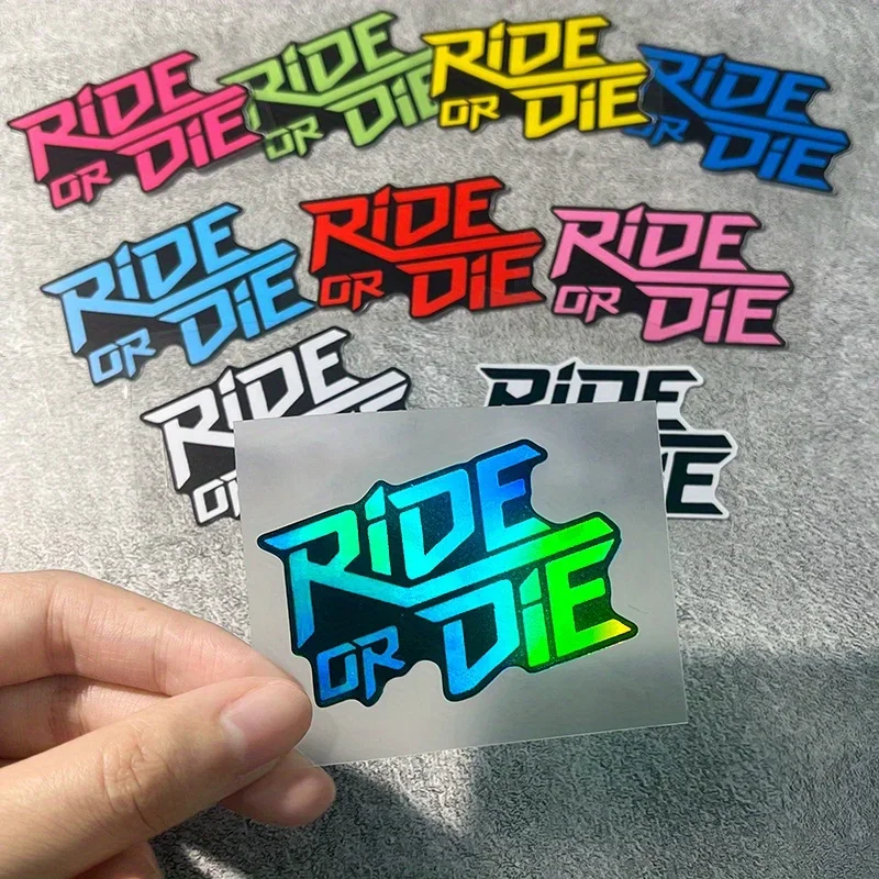 Pegatinas planas 2D para entusiastas de motocicletas, 1 unidad, pegatinas para motocicletas con brillo de neón RIDE OR DIE, letras multicolores