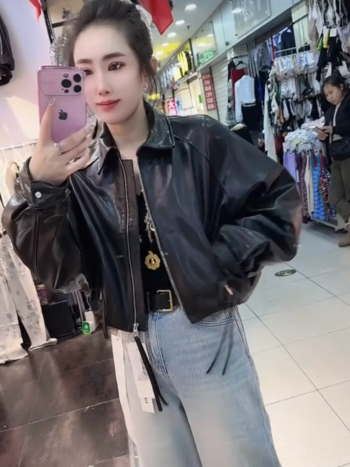

Spring 2026 Vintage Hong Kong Sle Loose Fit Biker Leather Jaet Women's Jaet Stand Collar Zipper eepskin ort Coat