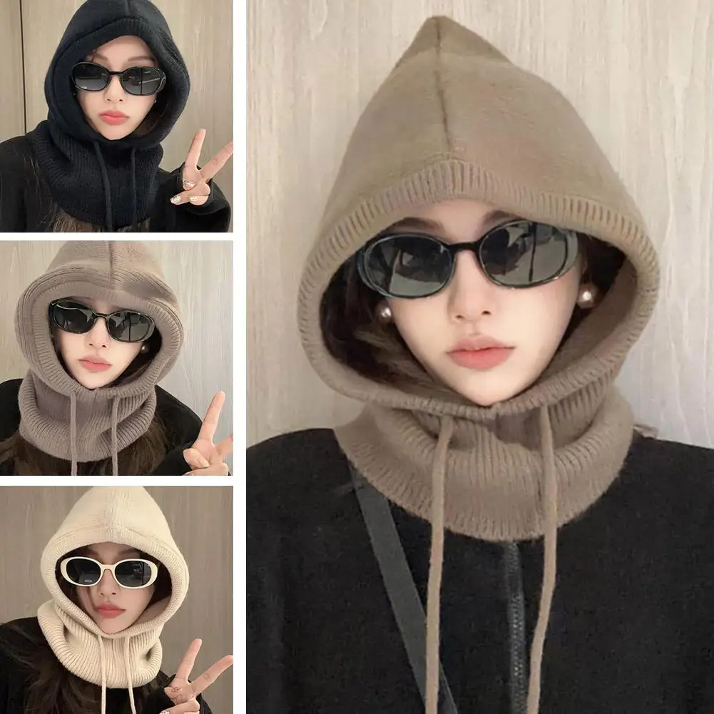 Balaclava Hats Women Knitted Hooded Caps Winter Korean Style Outdoor Warmer Drawstring Hats Windproof Hooded Neck Collar Knitted