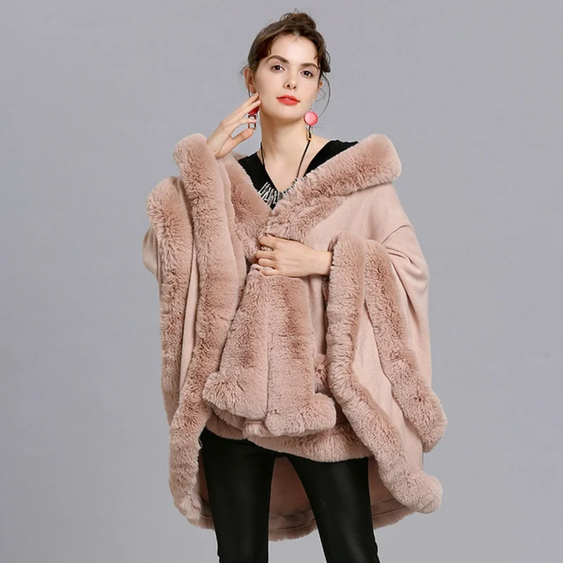 Women Two Layer Fur Poncho With Hat Faux Fox Fur Cape Big Pendulum Dovetail Cardigan Winter Shawl Warm Thick Coat