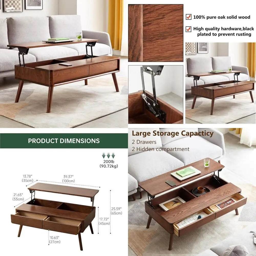 mid-century modern oak coffee table with lift top and ample storage for living room