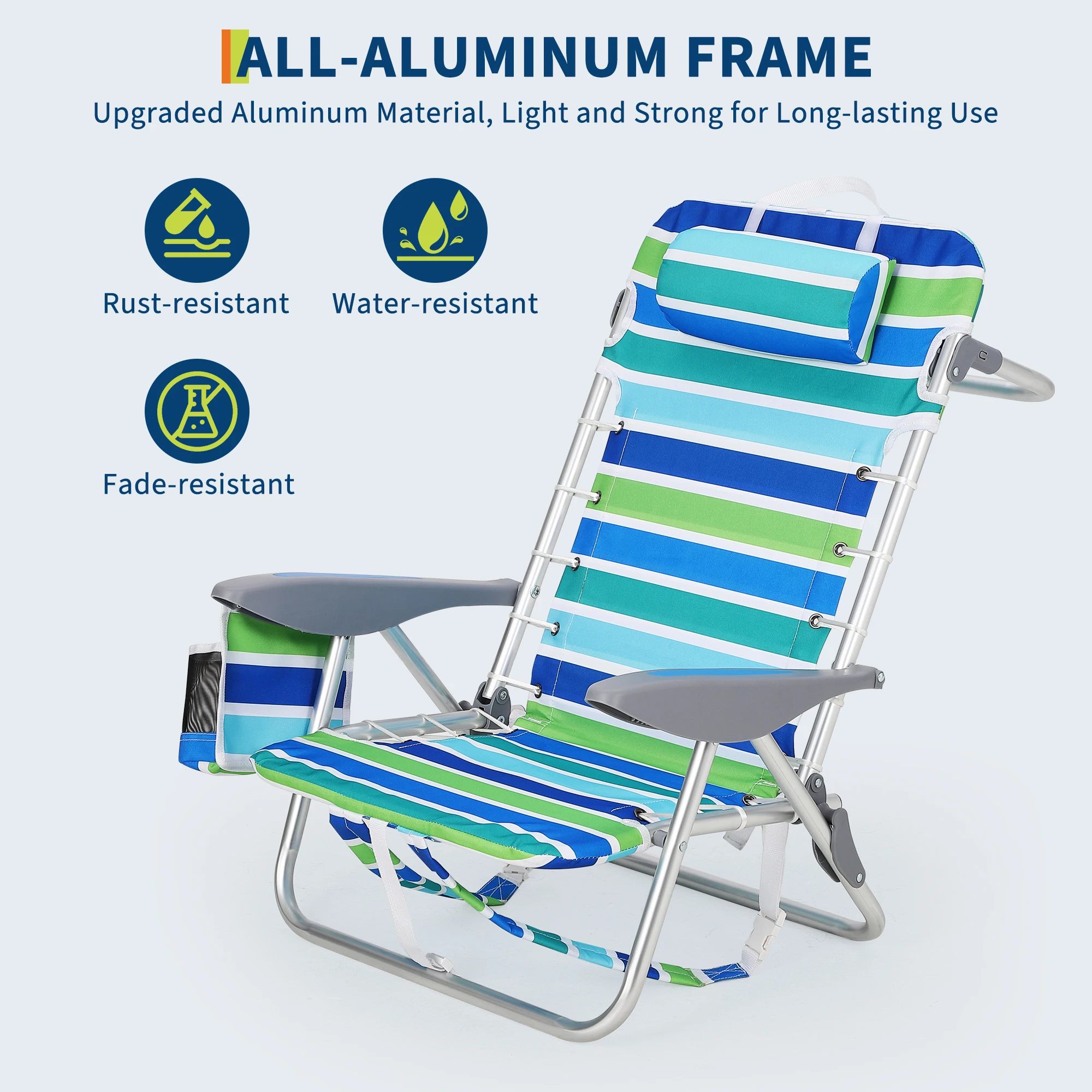 5-Position Reclining Beach Chair 1/2-piece set for Adults Portable Outdoor Camping Chair Lay Flat Folding Backpack Beach Reclining Chair with 5 Positions, Headrest, Cup Holder, Heavy Ocean Striped
