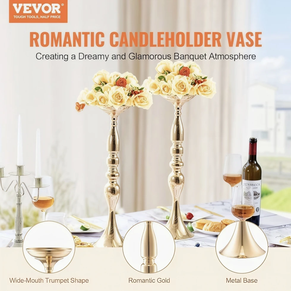 Luxury Gold Silver Metal Trumpet Vase Candle Stand Dual-Use Tall Table Centerpiece for Wedding Dinner Home Event Party Decor